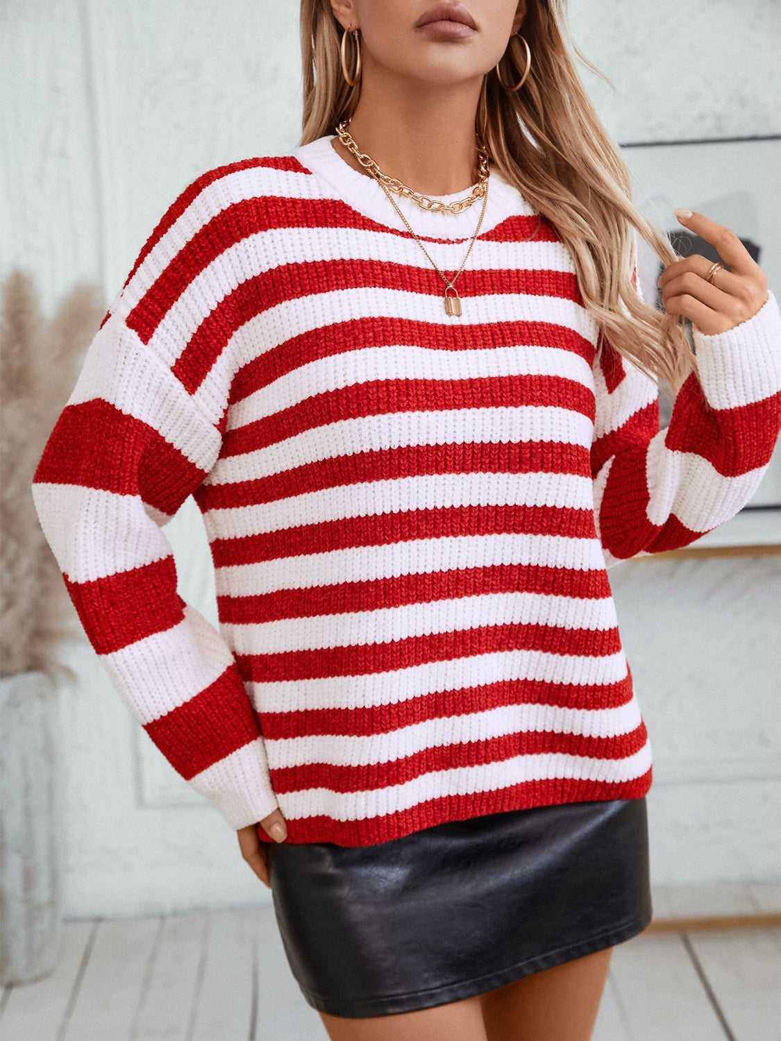 Striped Round Neck Long Sleeve Sweater