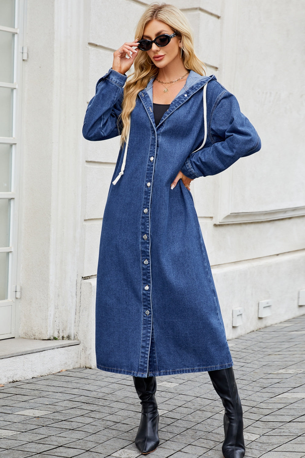 Button Up Long Sleeve Longline Hooded Denim Outerwear