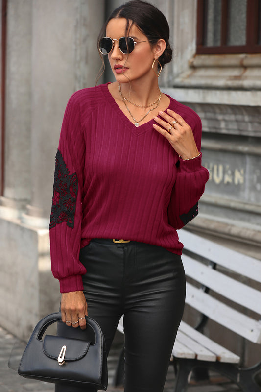 Perfee Ribbed Lace Detail V-Neck Sweater