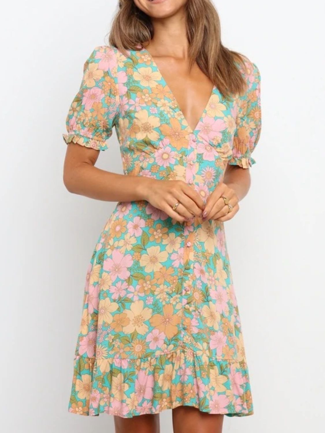 Ruffled Hem Printed Short Sleeve Mini Dress