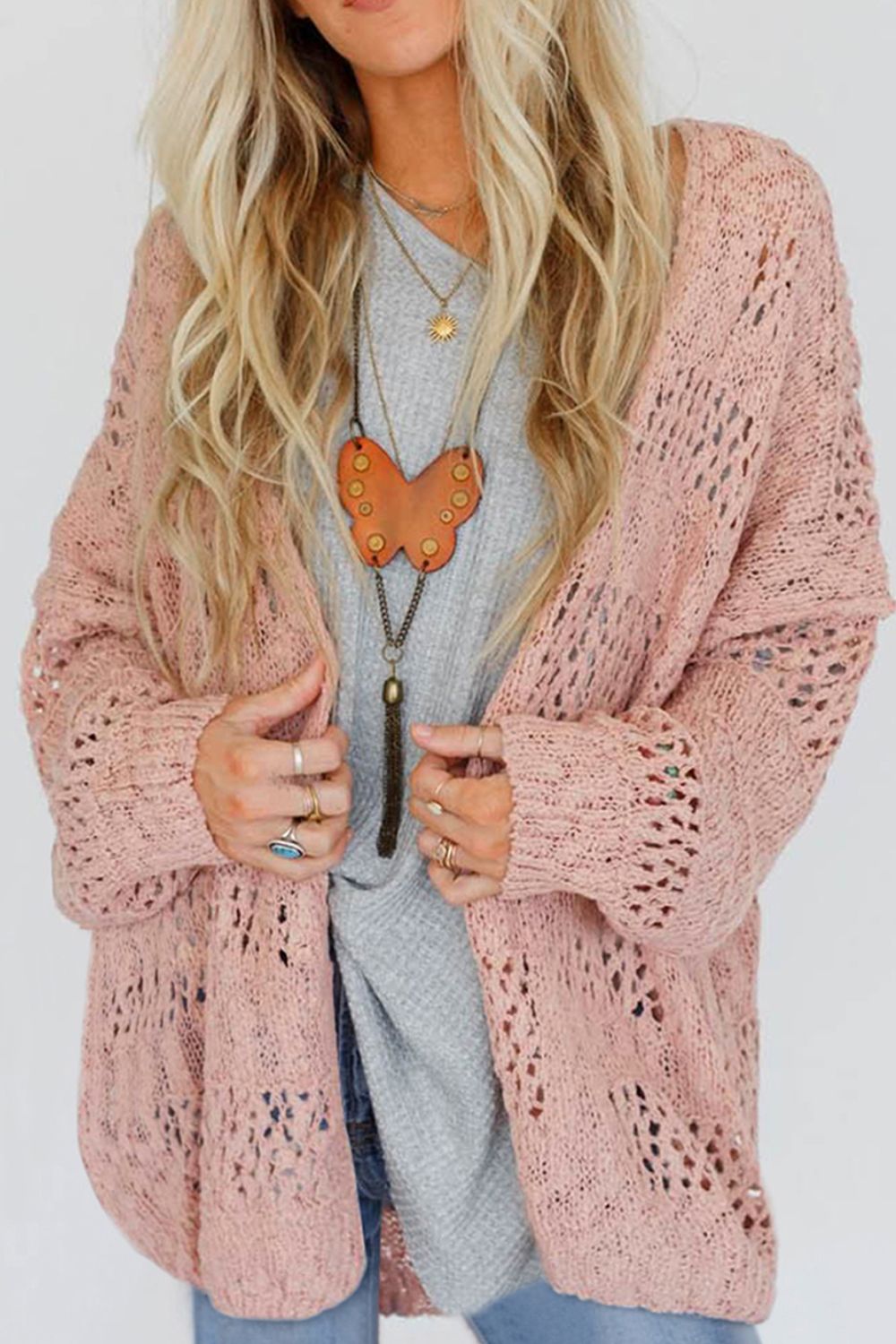 Openwork Open Front Long Sleeve Cardigan