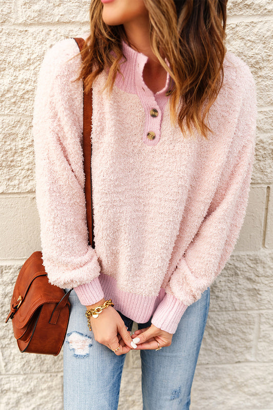 Button Detail Mock Neck Long Sleeve Sweater