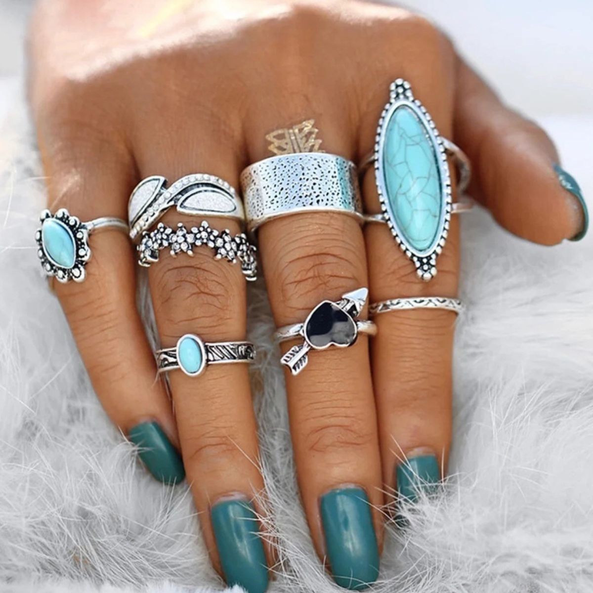 Turquoise Alloy 8-Piece Ring Set