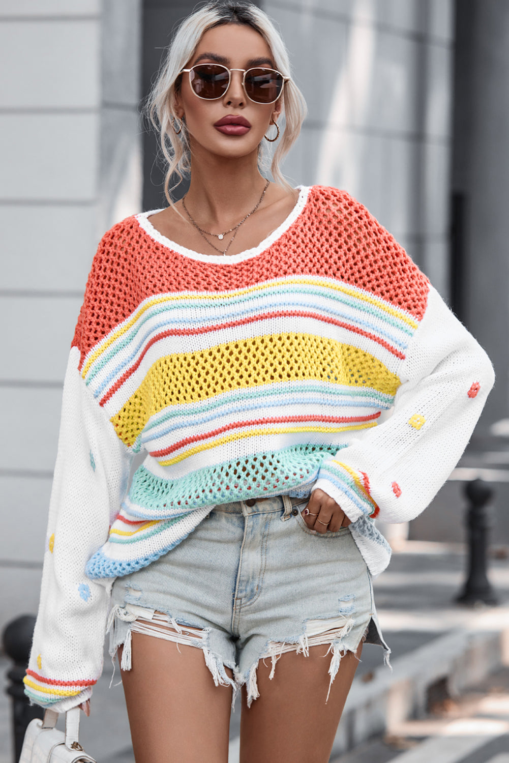 Hollow Striped Color Block Round Neck Sweater