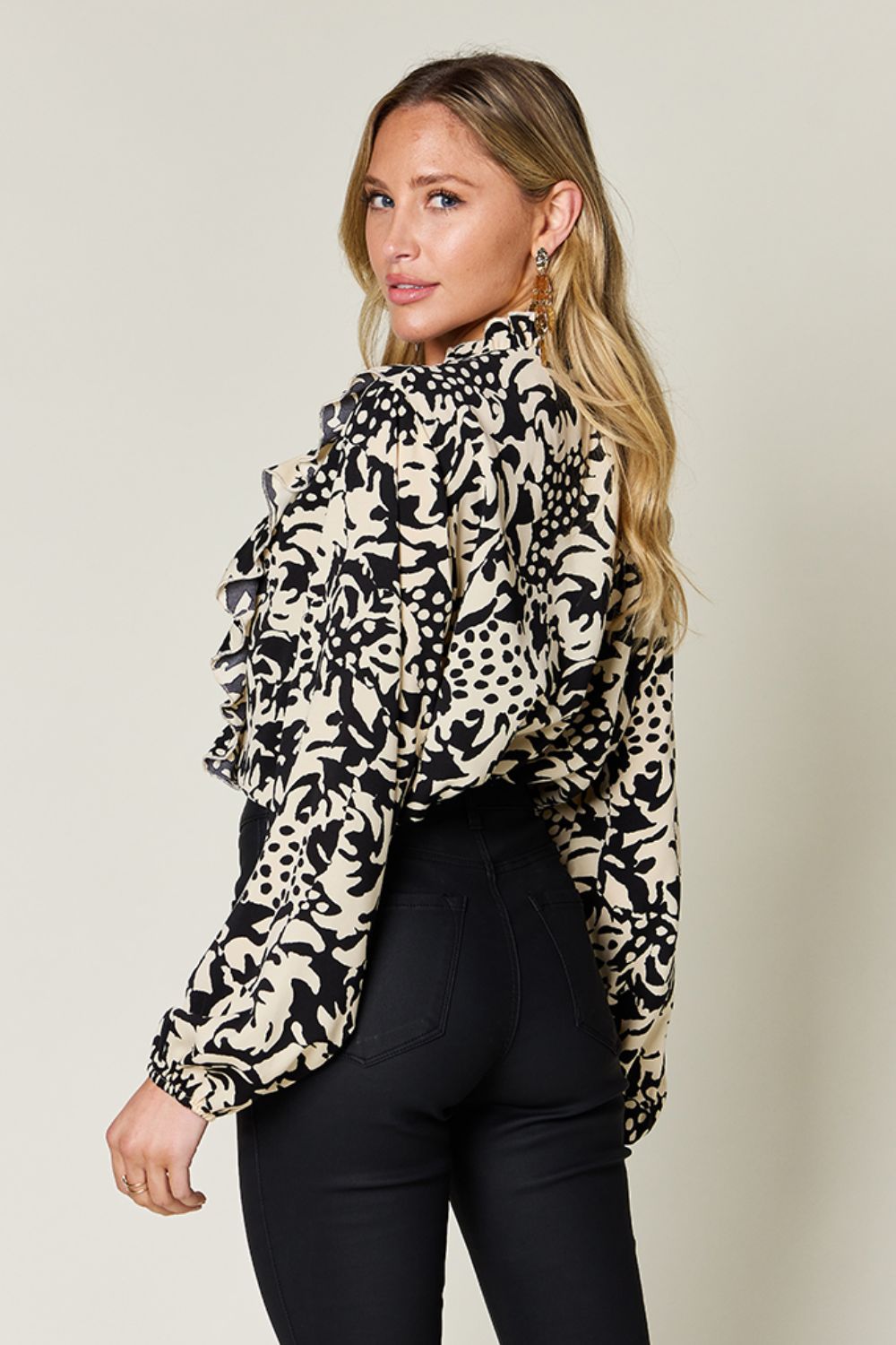 Double Take Full Size Printed Ruffle Trim Balloon Sleeve Shirt