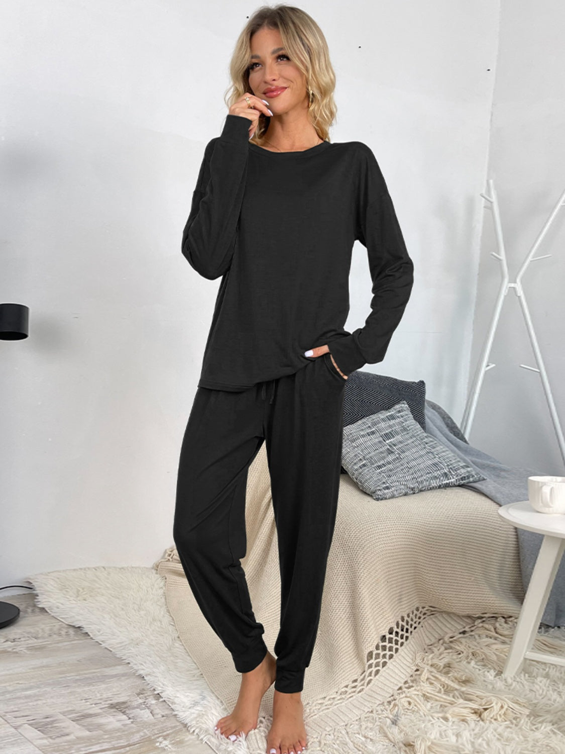 Shiny Round Neck Top and Drawstring Pants Lounge Set