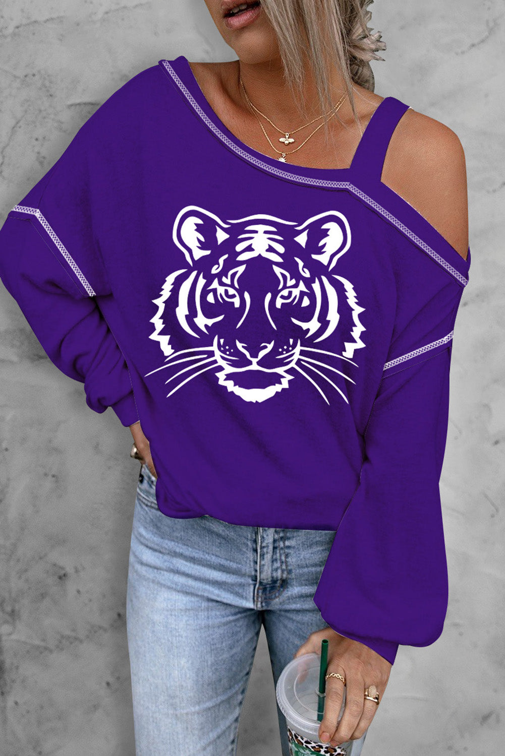 Tiger Graphic Long Sleeve Asymmetrical Neck Top