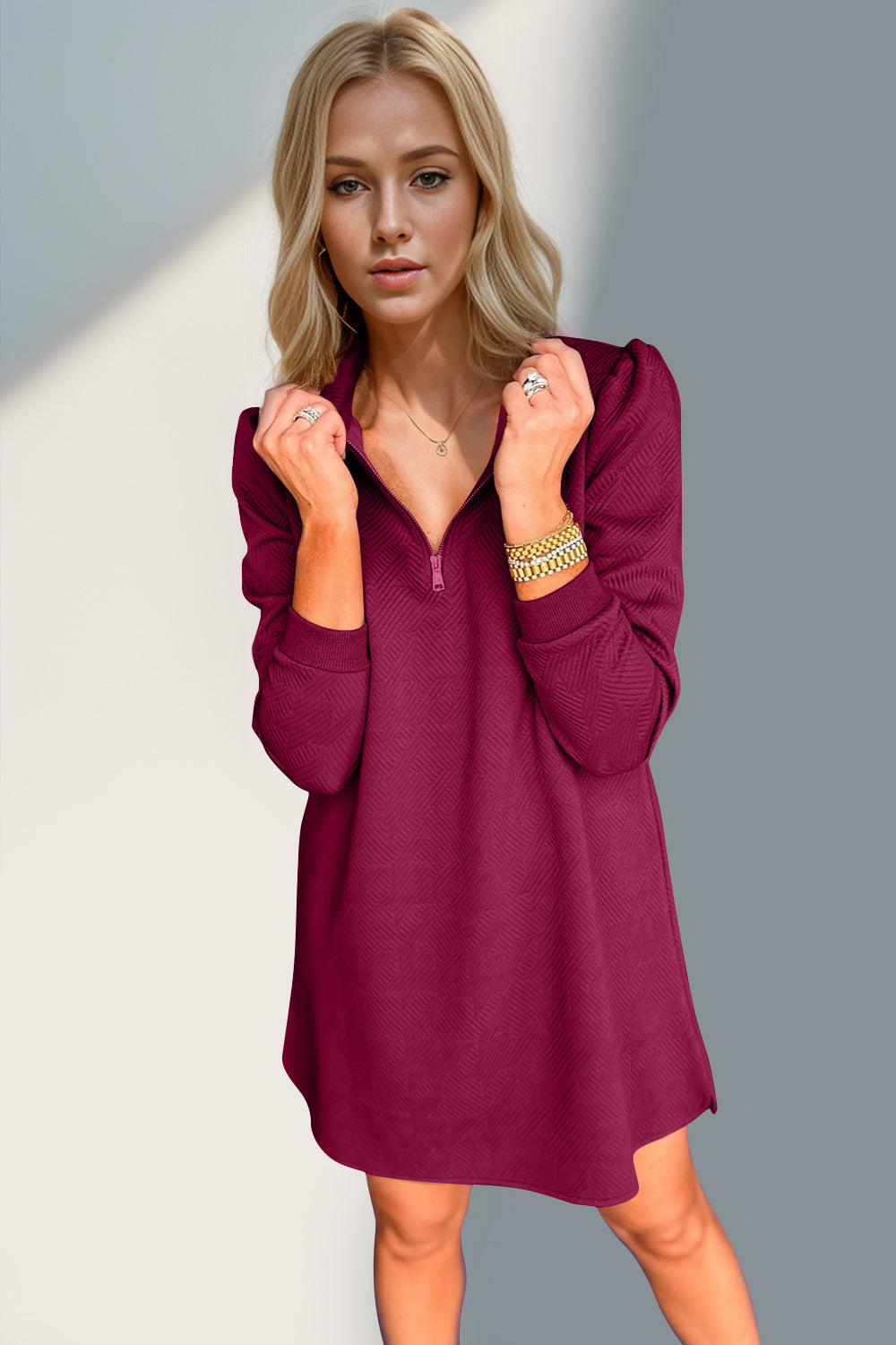 Double Take Textured Quarter Zip Long Sleeve Dress