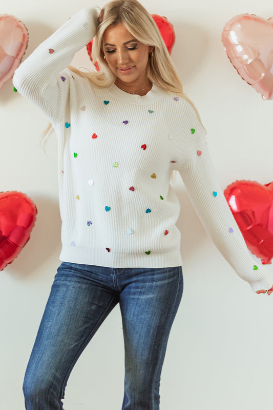 Heart Sequin Round Neck Long Sleeve Sweater