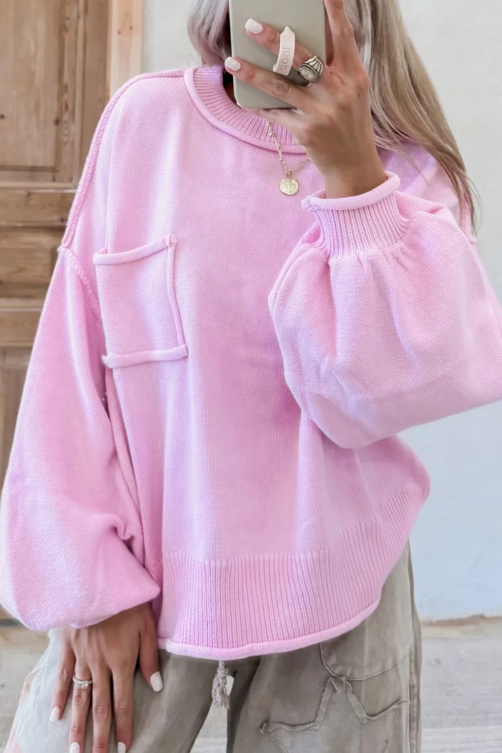 Roll Hem Ribbed Detail Drop Shoulder Sweater