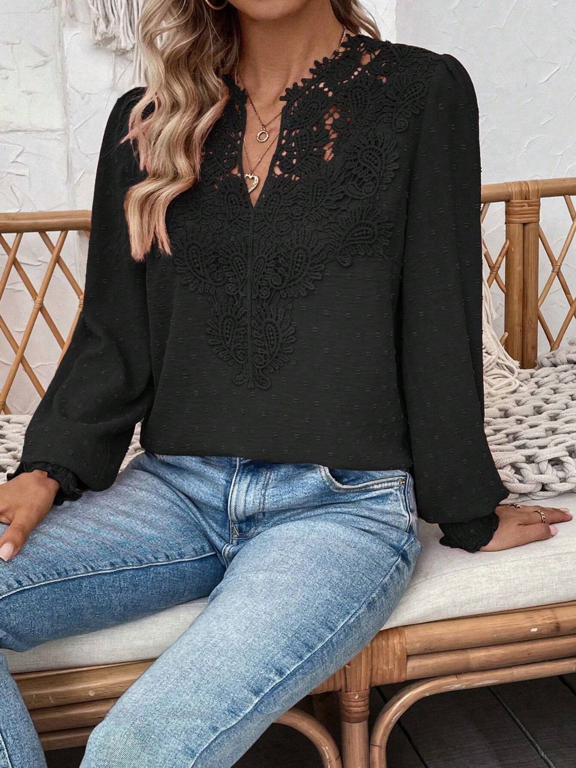 Swiss Dot Lace Detail Notched Long Sleeve Blouse