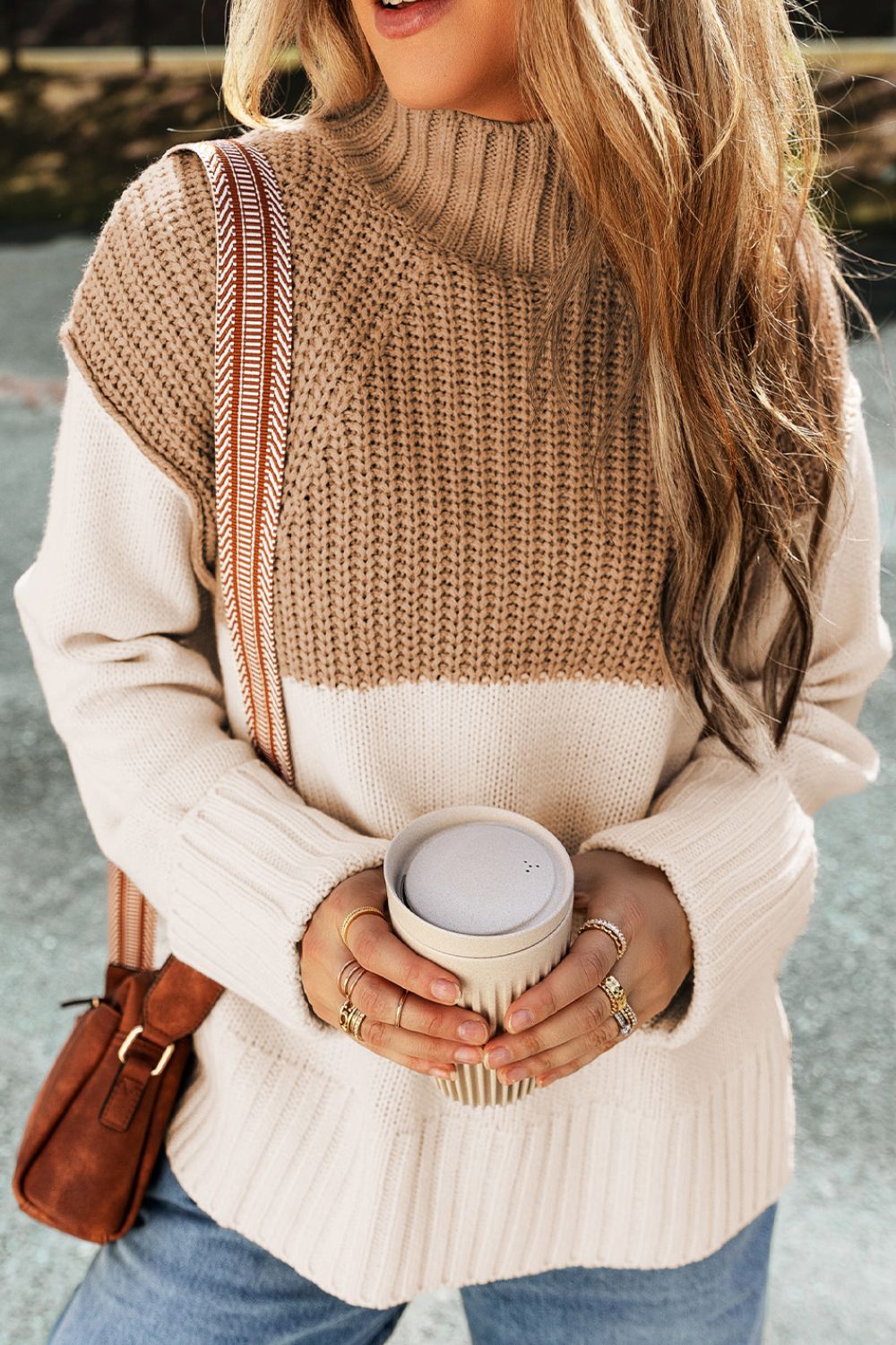 Slit Color Block Turtleneck Long Sleeve Sweater