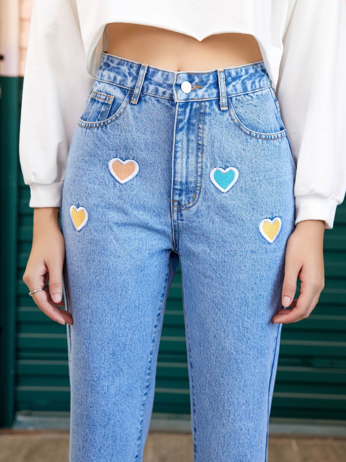 Heart Straight Leg Jeans with Pockets