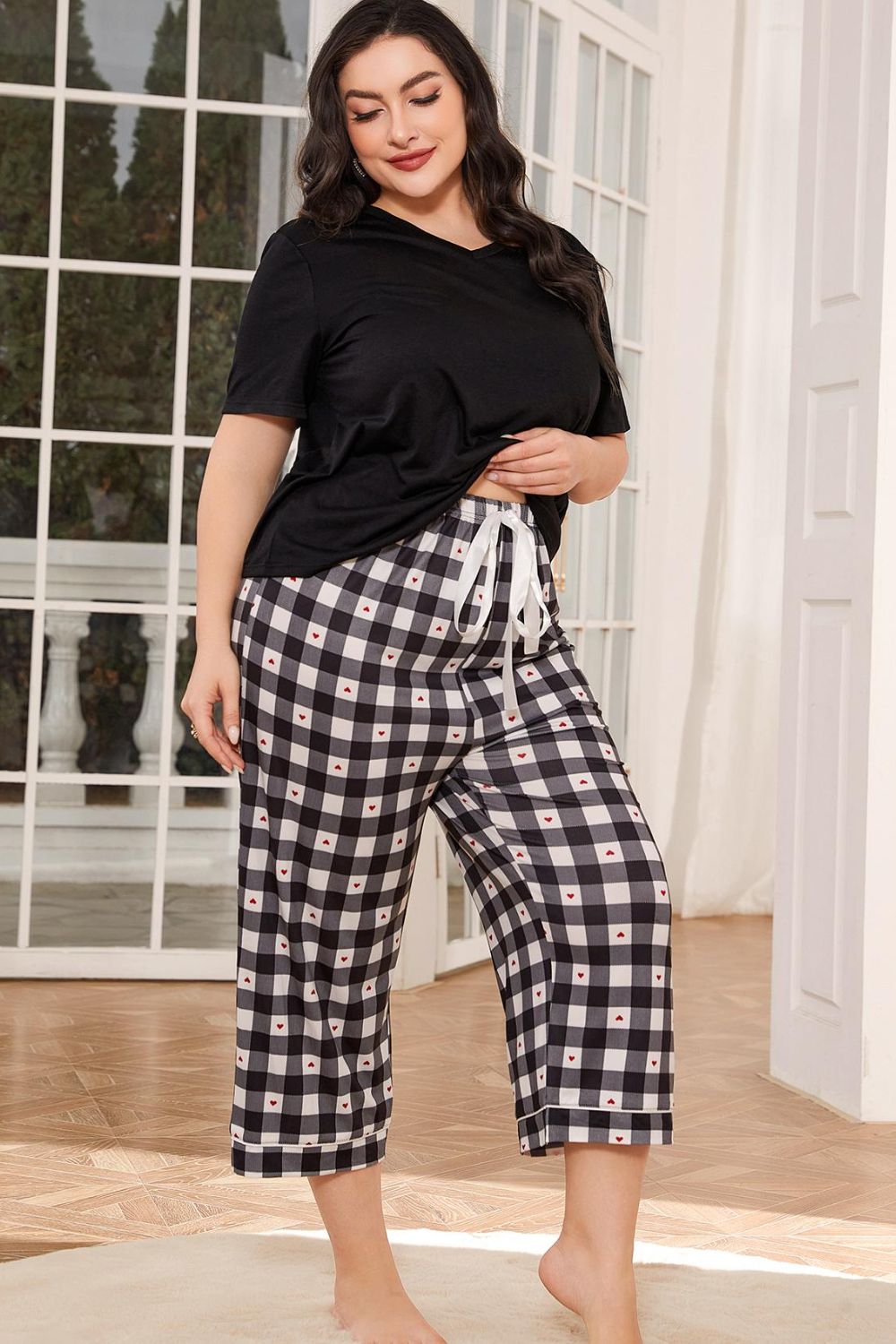 V-Neck Tee and Plaid Cropped Pants Lounge Set