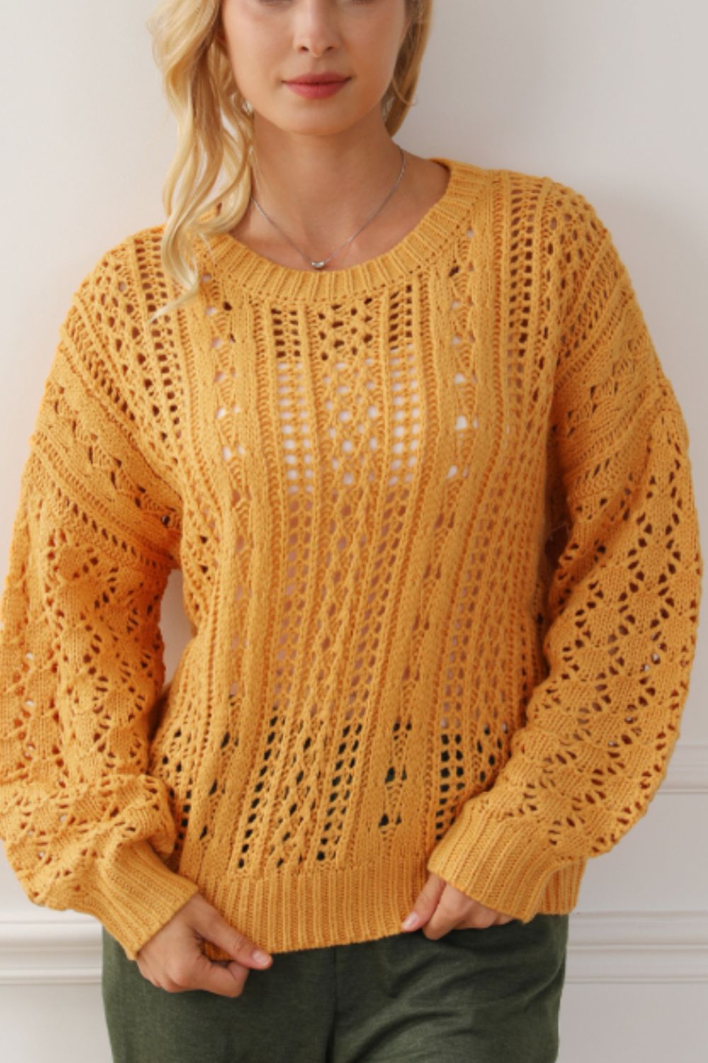 Openwork Round Neck Drop Shoulder Sweater