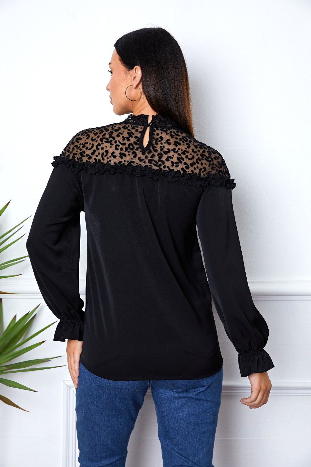 Leopard Frill Flounce Sleeve Blouse