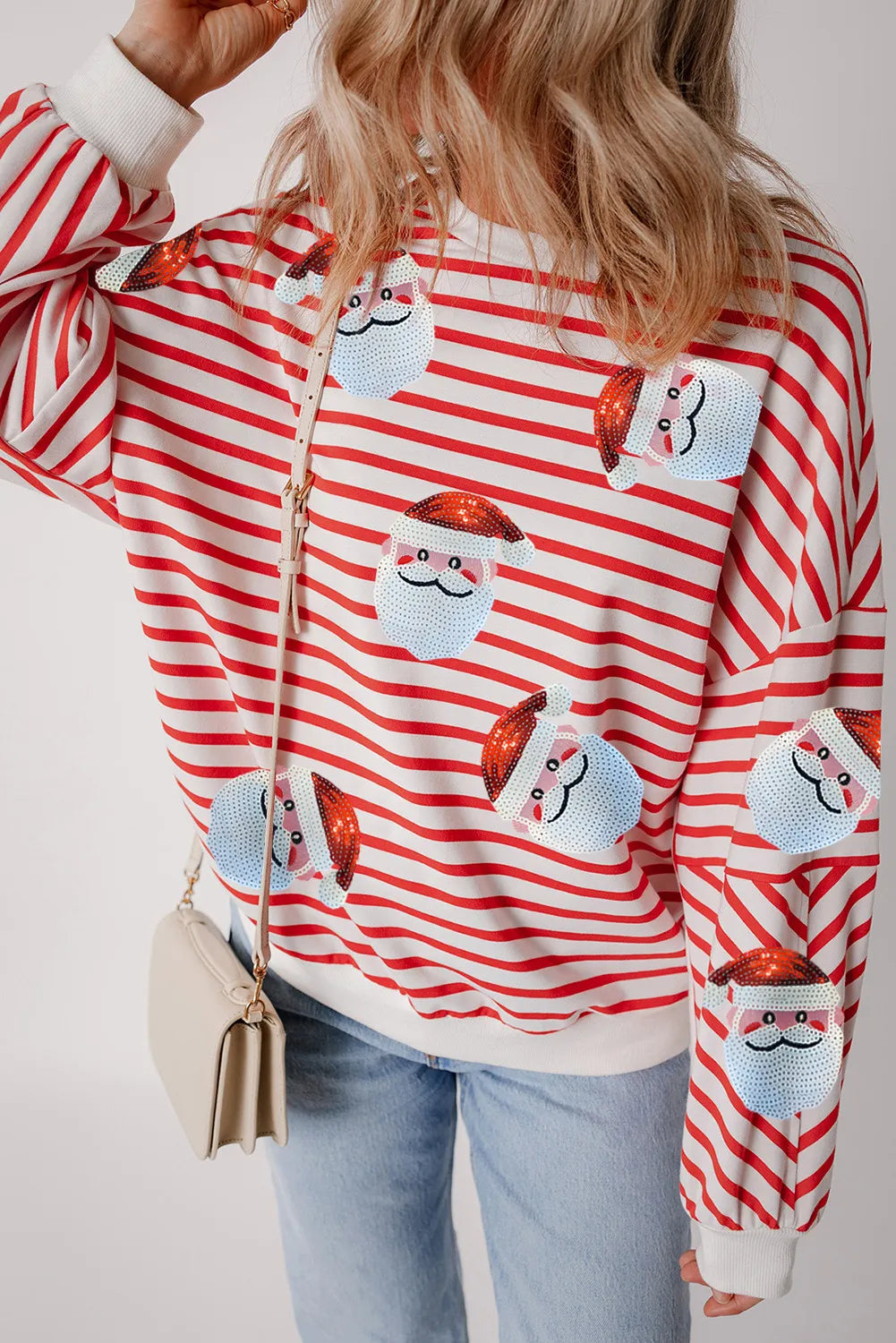 Sequin Santa Striped Round Neck Long Sleeve Sweatshirt