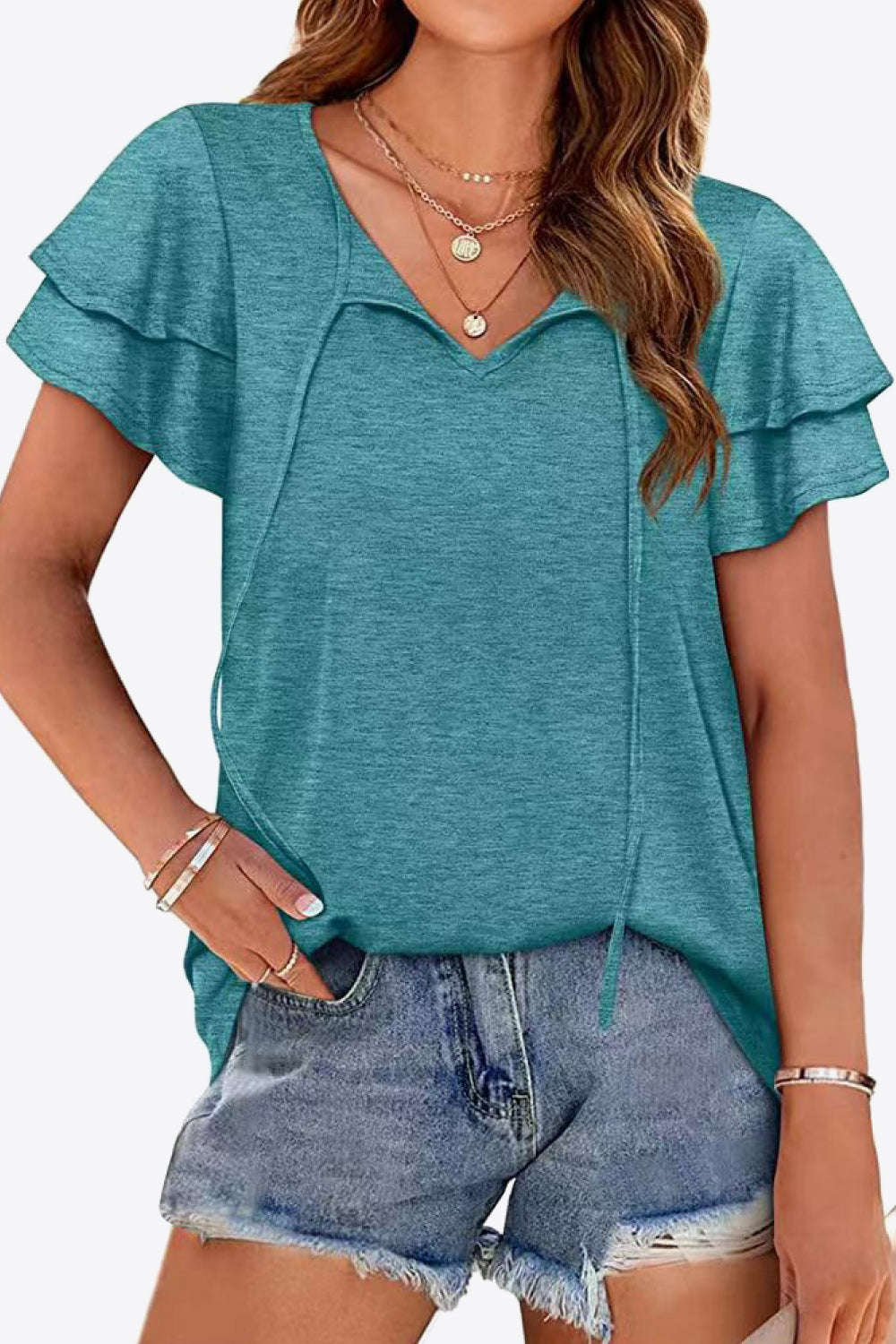 Tie-Neck Layered Flutter Sleeve Blouse