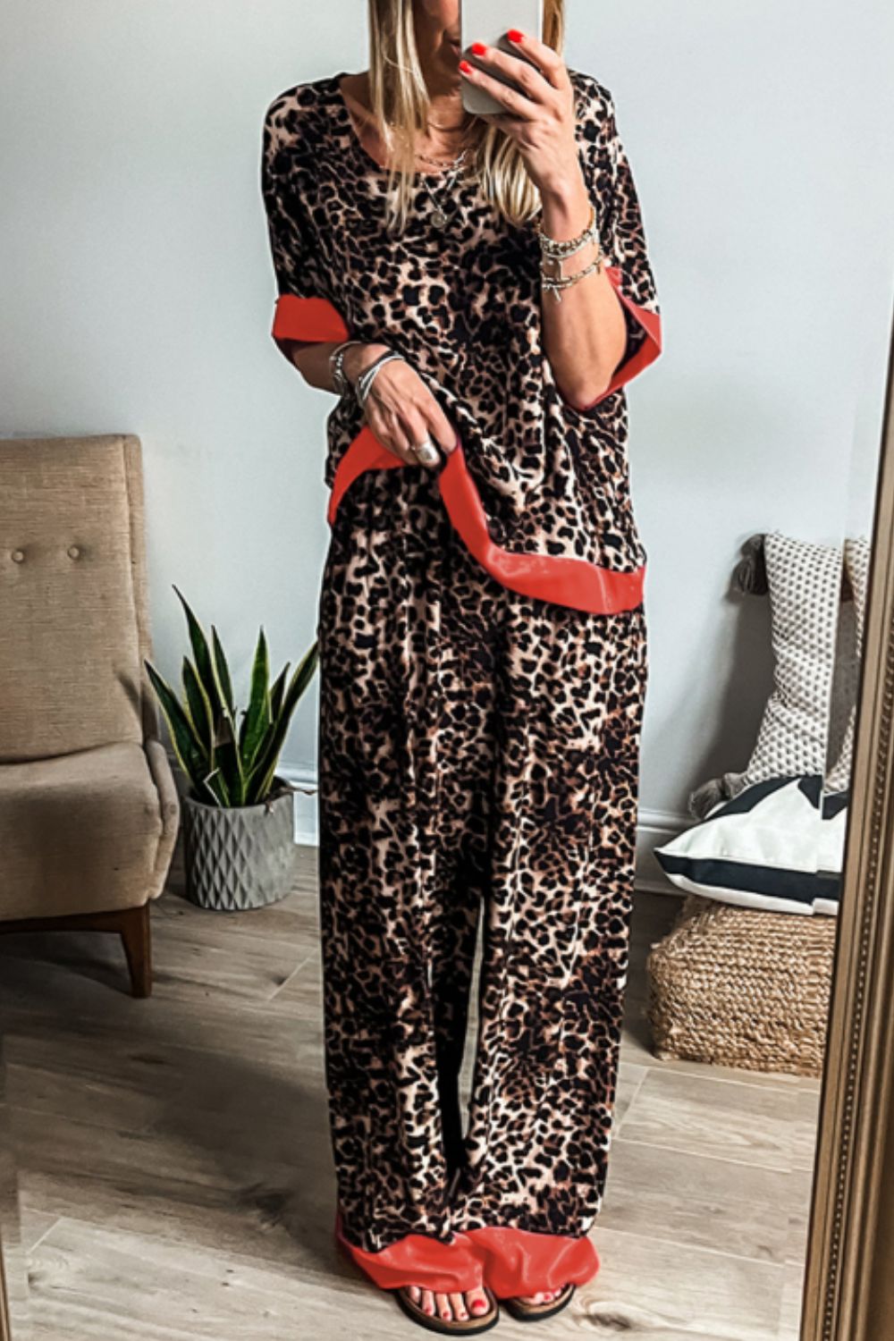 Contrast Trim Leopard Round Neck Top and Pants Lounge Set