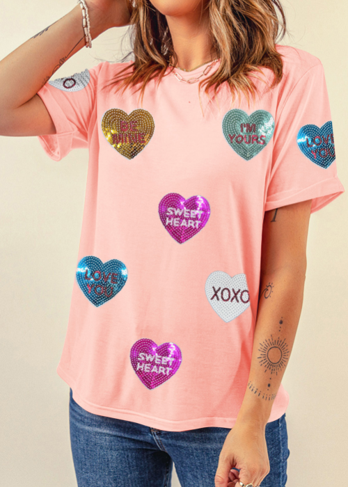 Valentine’s Day Sequin Heart Round Neck Short Sleeve T-Shirt