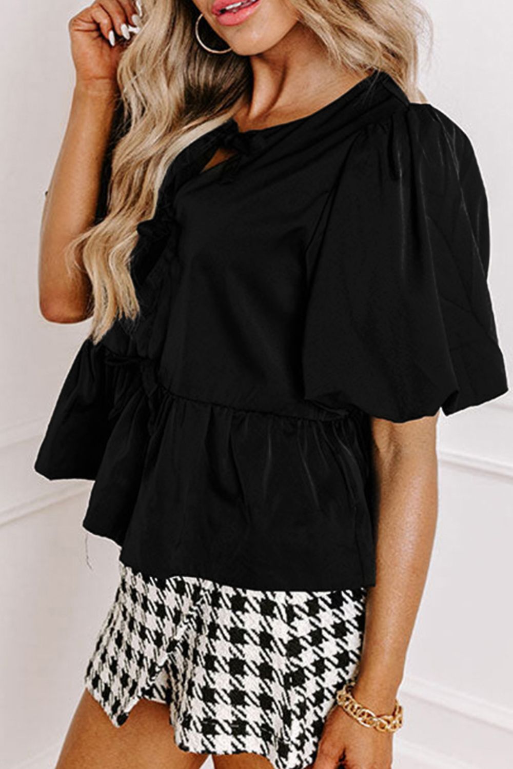 Cutout Round Neck Puff Sleeve Blouse