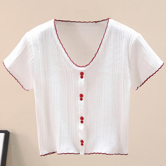 Contrast Decorative Button Short Sleeve Knit Top