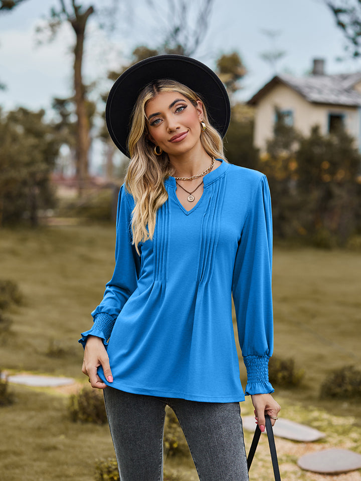 Notched Neck Flounce Sleeve Blouse