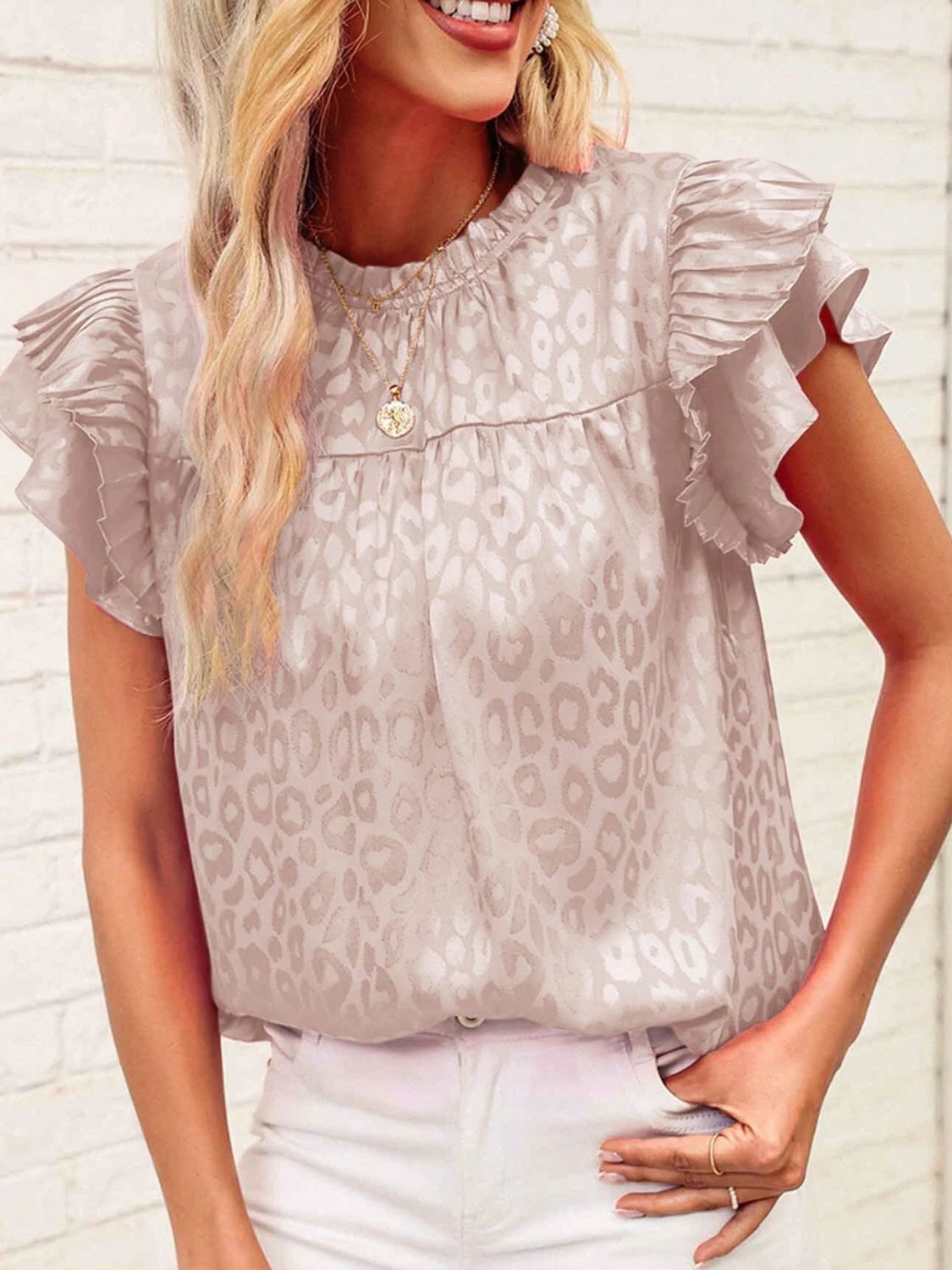 Leopard Frill Mock Neck Ruffled Cap Sleeve Top