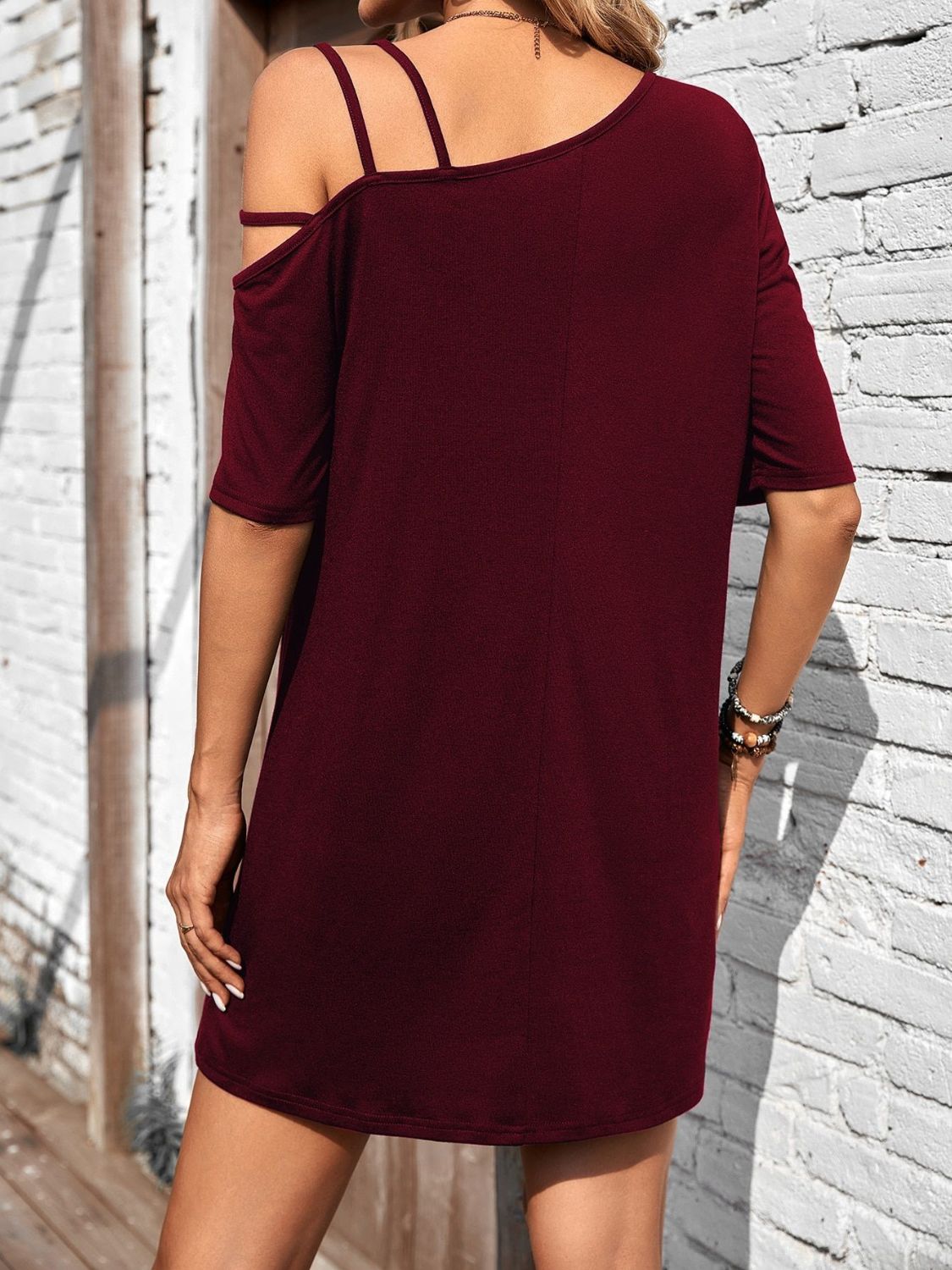 Asymmetrical Neck Half Sleeve Mini Dress