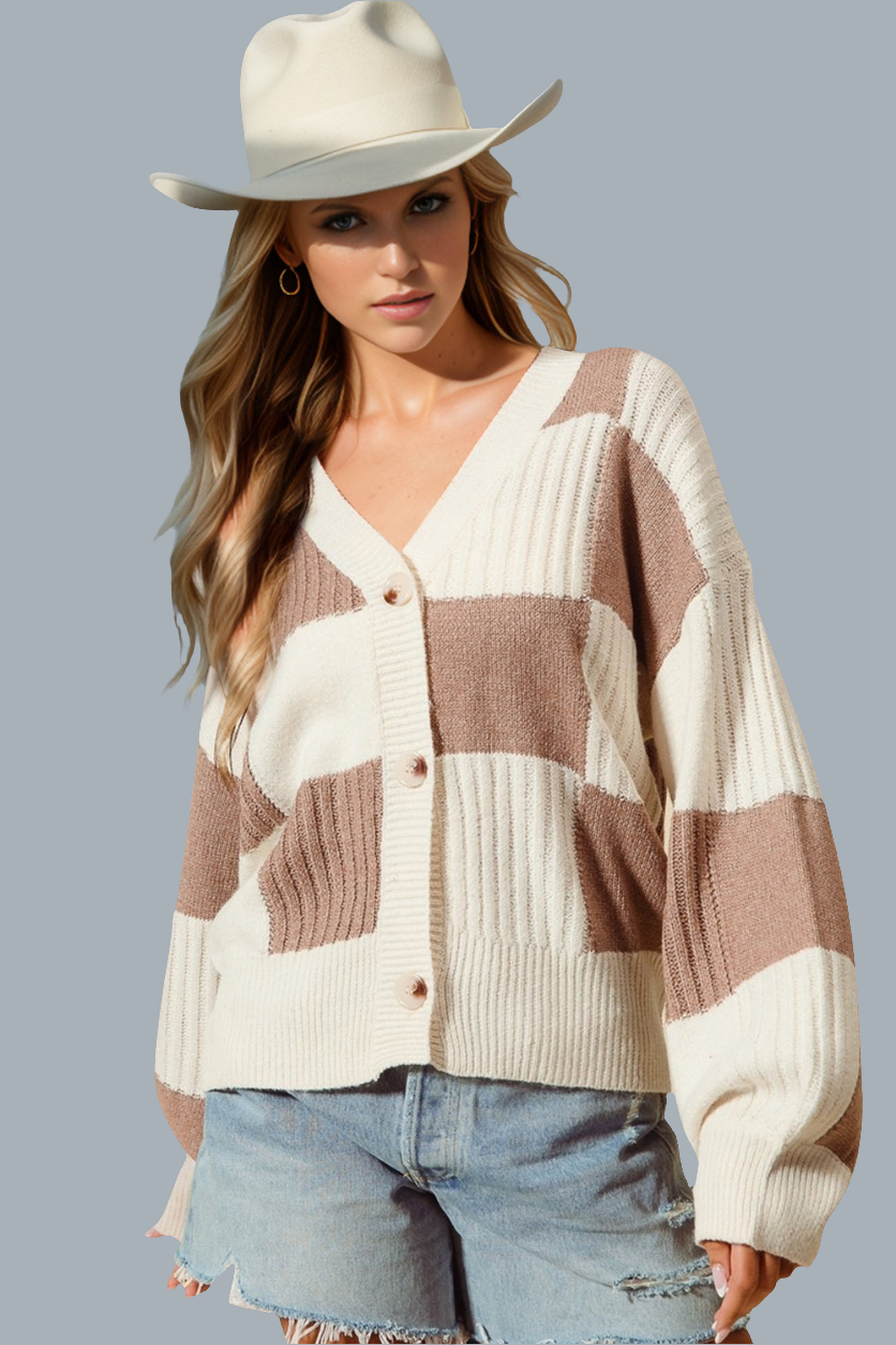 Double Take Full Size Checkered Dropped Shoulder Cardigan