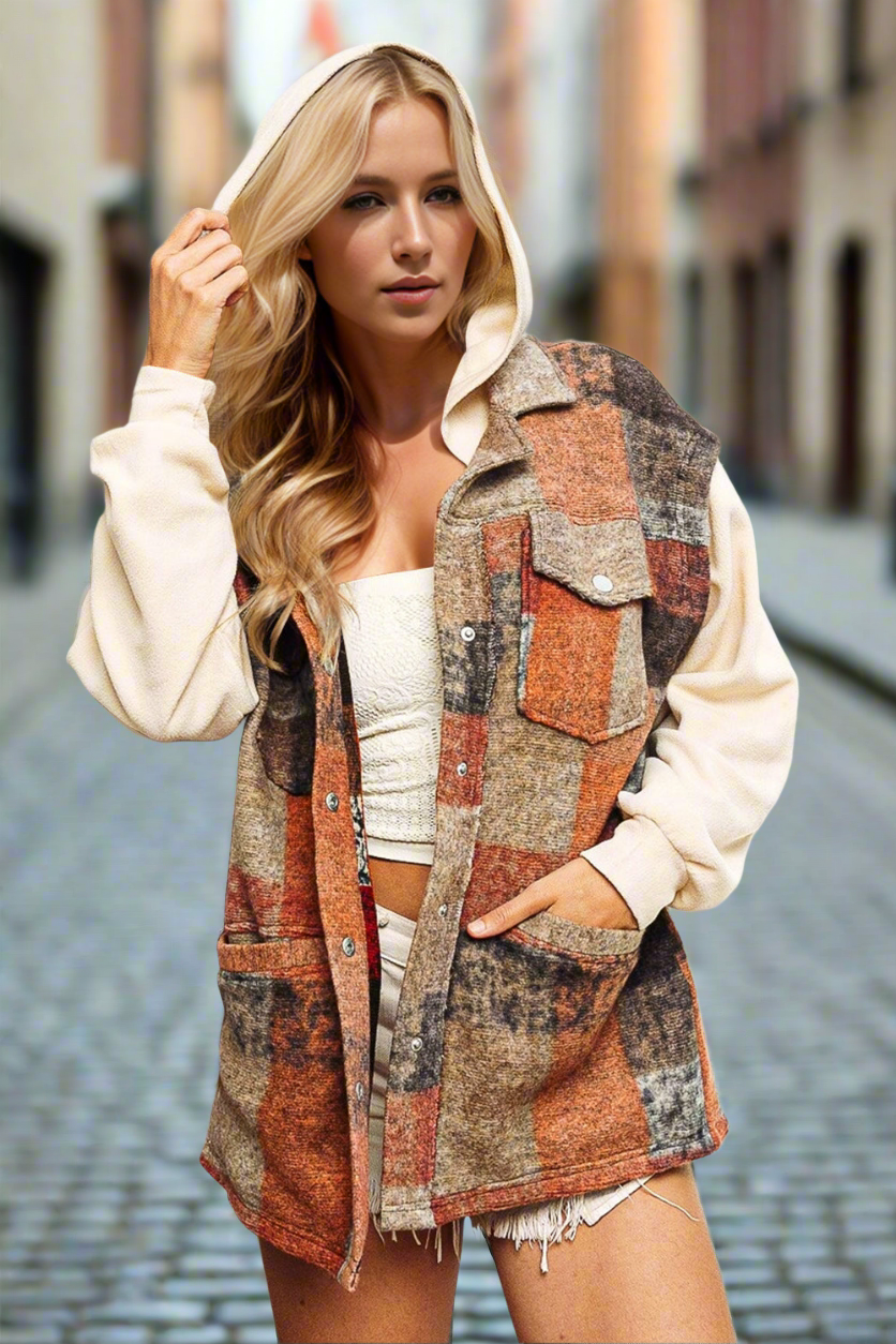 Double Take Contrast Long Sleeve Hooded Plaid Jacket