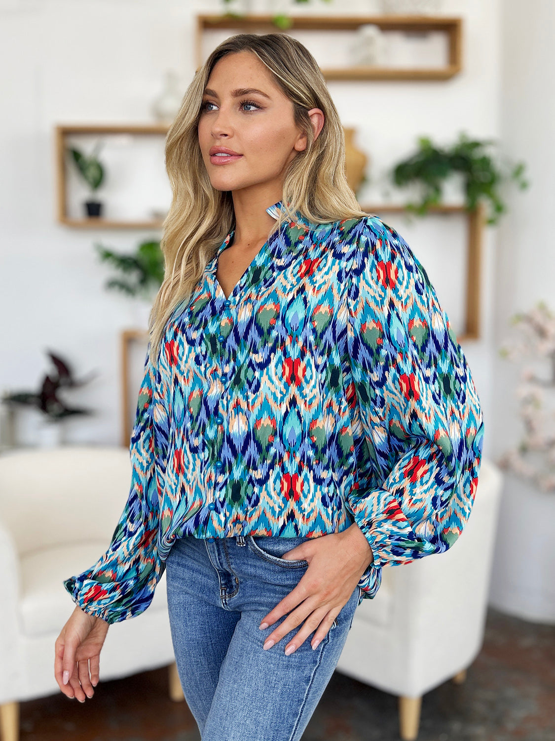 Double Take Full Size Printed Balloon Sleeve Blouse