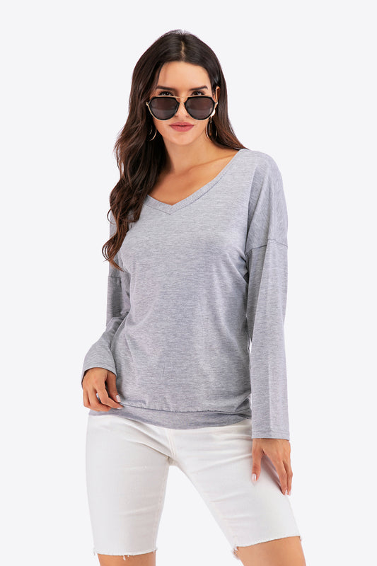 Perfee V-Neck Drop Shoulder Open Back Sweatshirt