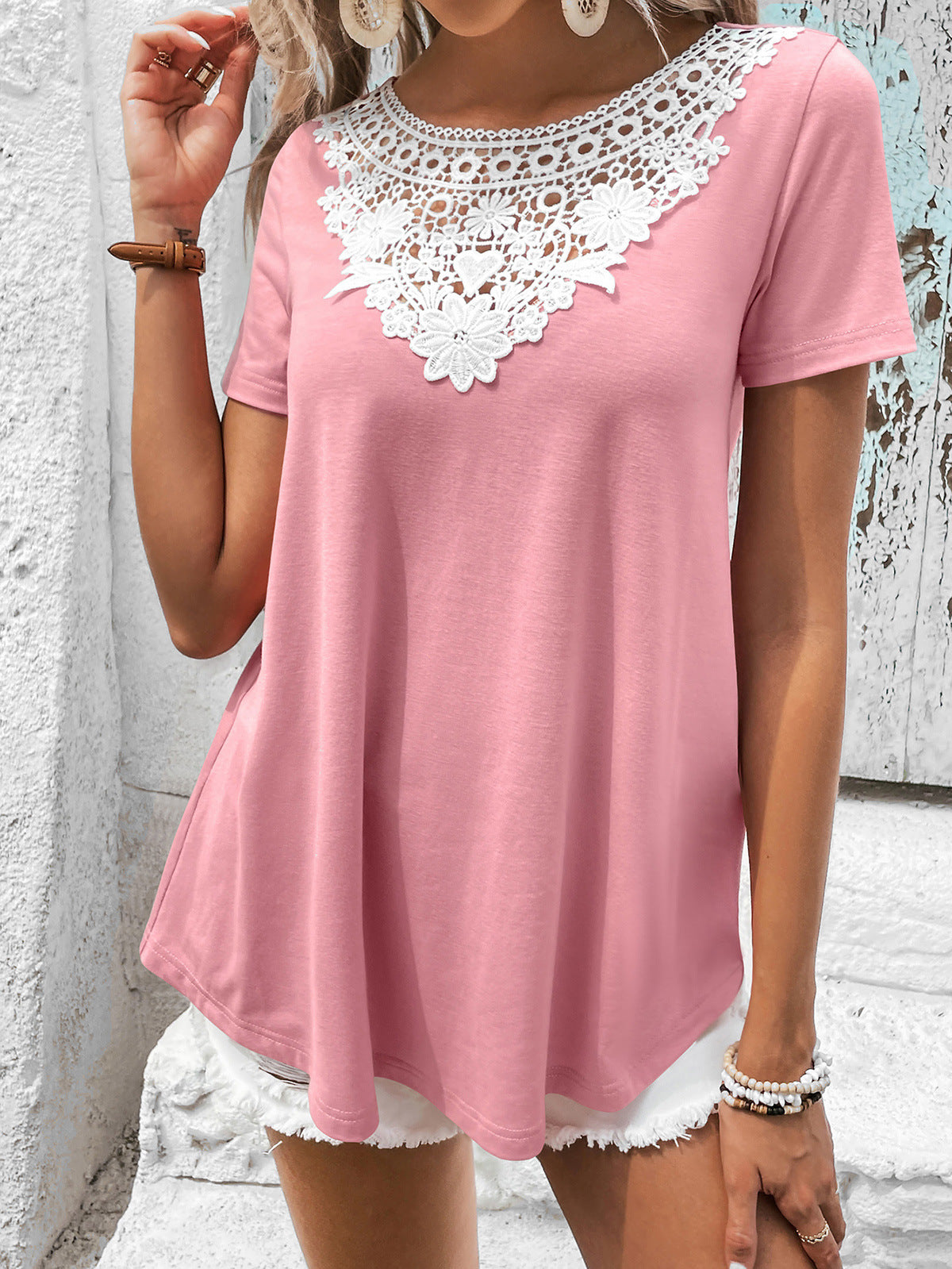 Ivy Lane Spliced Lace Contrast Short Sleeve Top