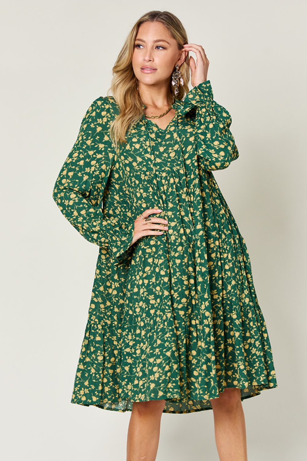 Double Take Full Size Printed Ruffle Hem Long Sleeve Tiered Dress