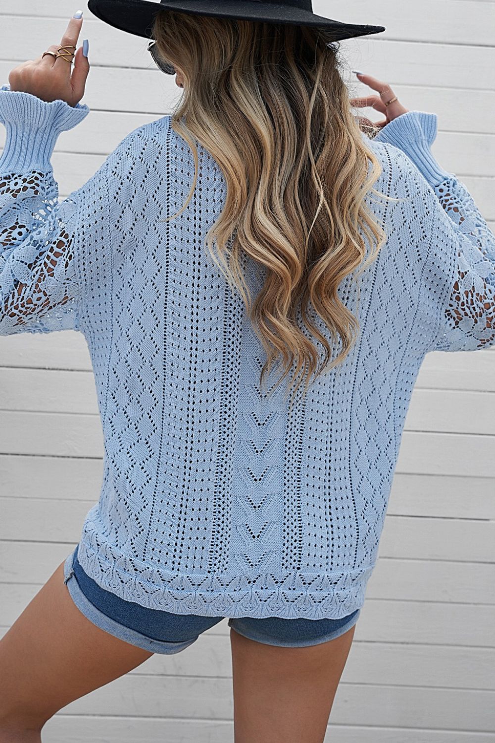 Openwork Round Neck Long Sleeve Sweater