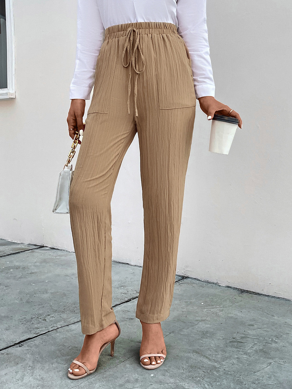 Perfee Texture Drawstring Pants with Pockets