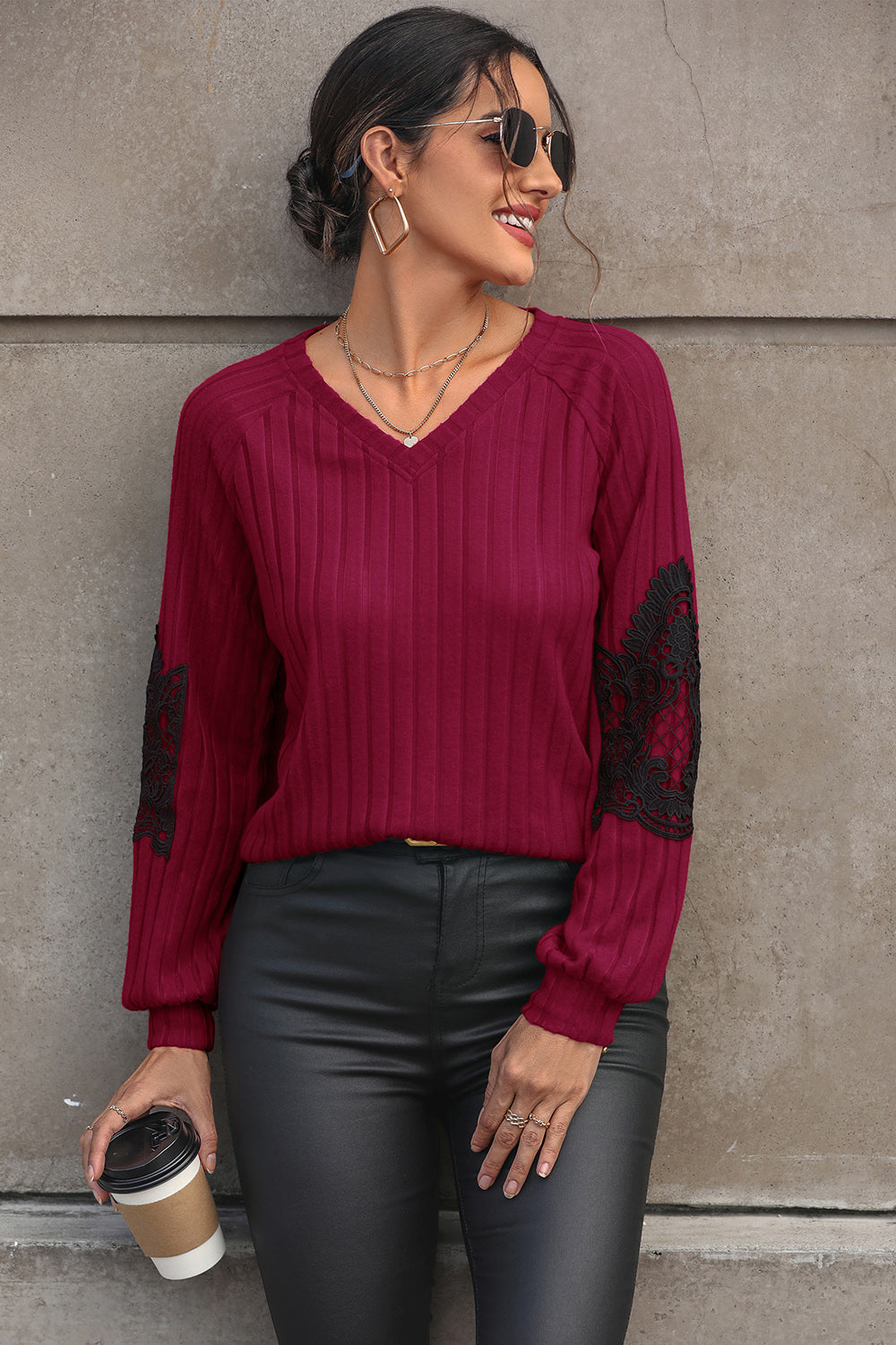 Perfee Ribbed Lace Detail V-Neck Sweater