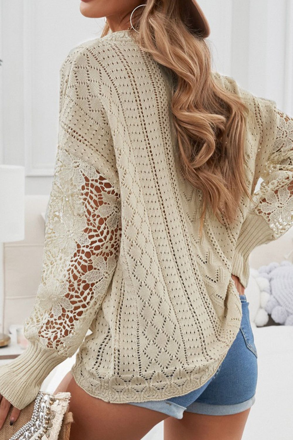 Openwork Round Neck Long Sleeve Sweater