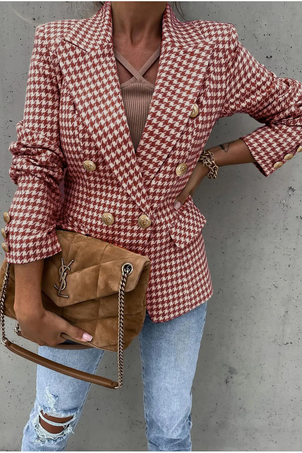 Houndstooth Collared Neck Double-Breasted Blazer