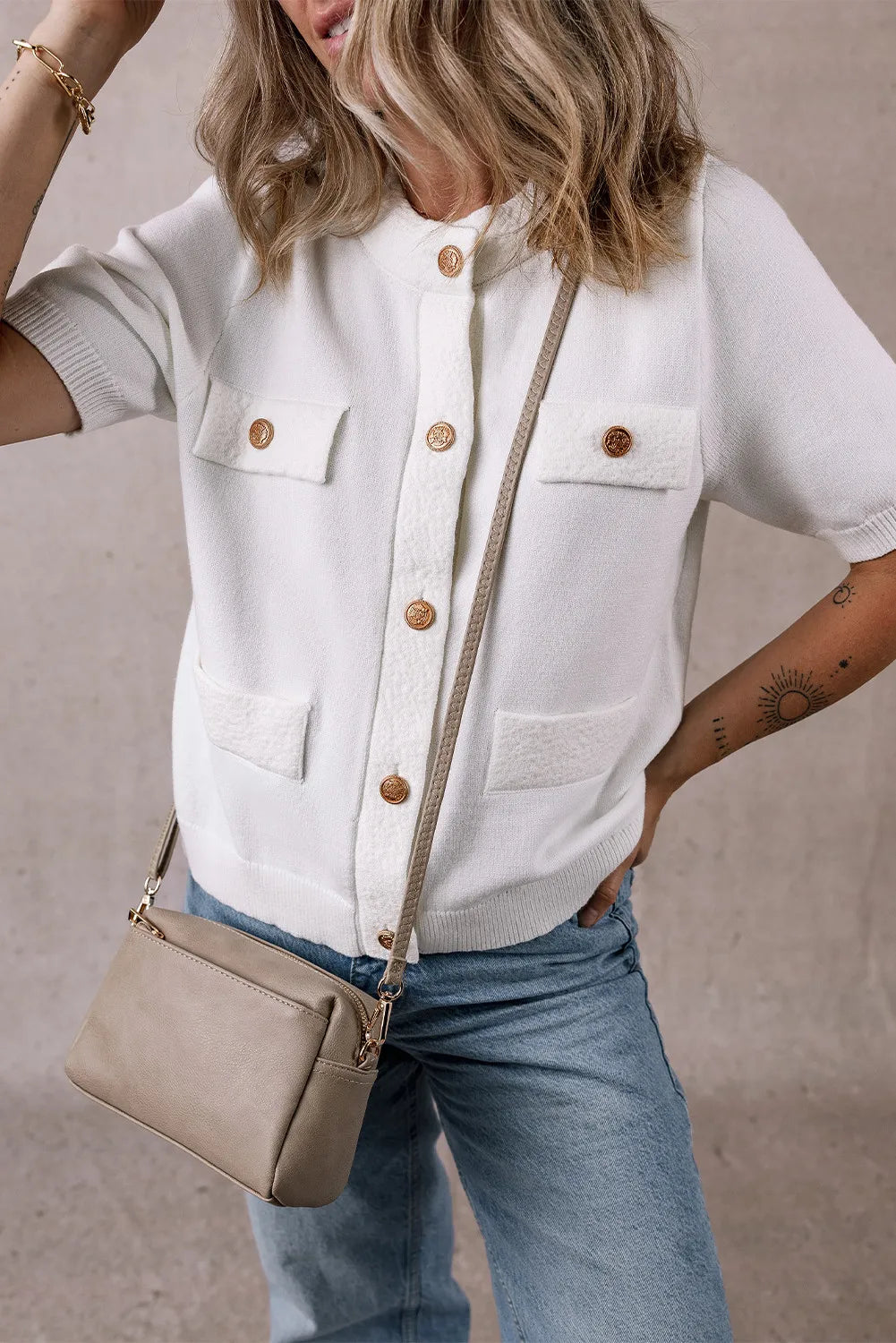 Button Up Round Neck Short Sleeve Knit Top