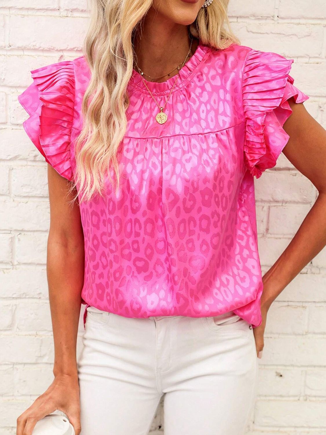 Leopard Frill Mock Neck Ruffled Cap Sleeve Top