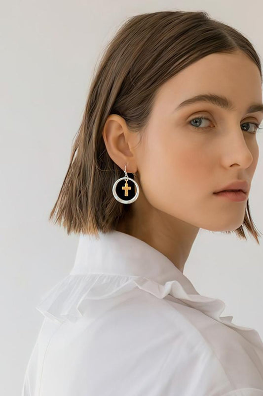 Brass Contrast Cross Dangle Earrings