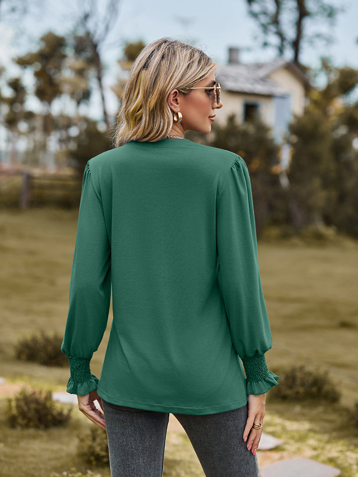 Notched Neck Flounce Sleeve Blouse