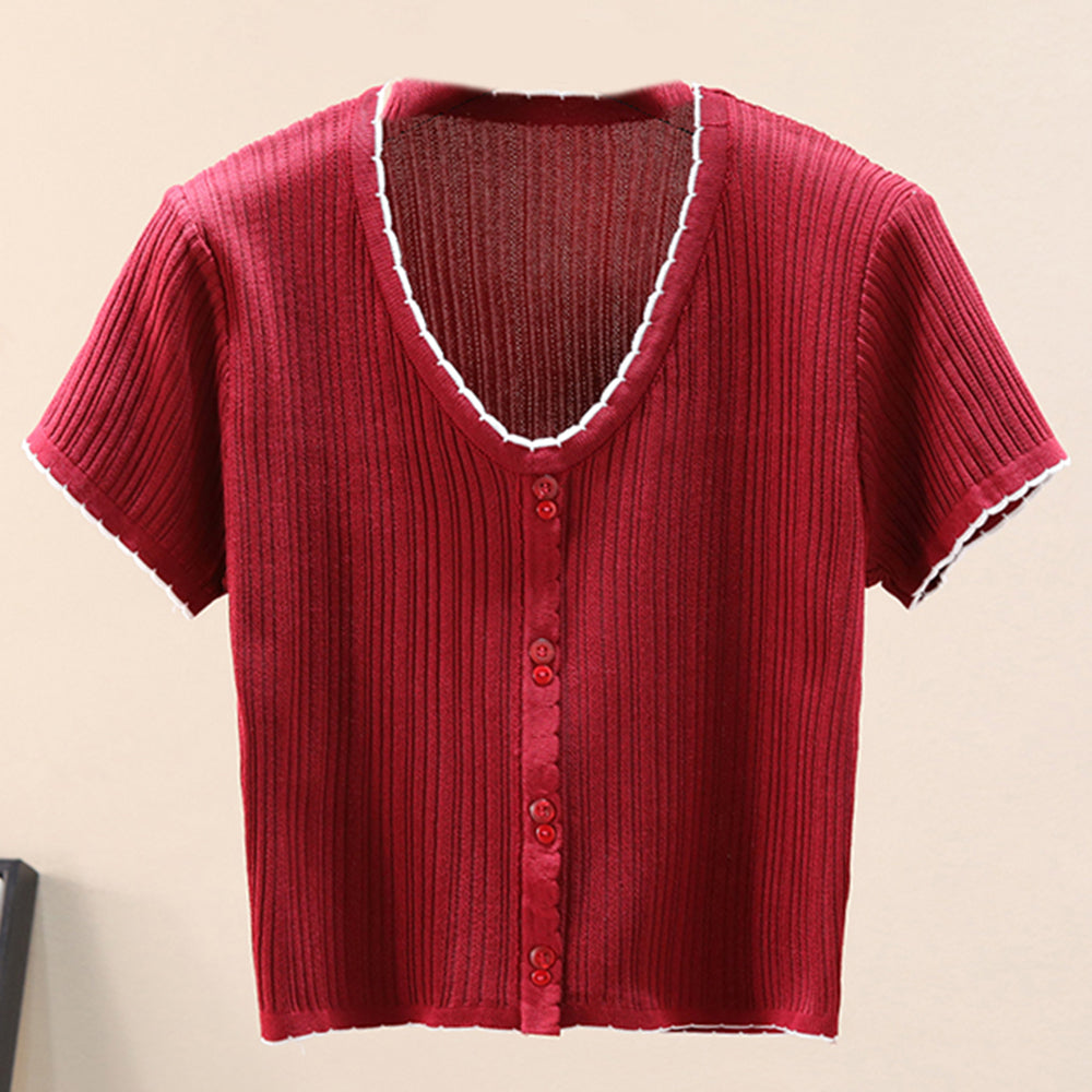 Contrast Decorative Button Short Sleeve Knit Top