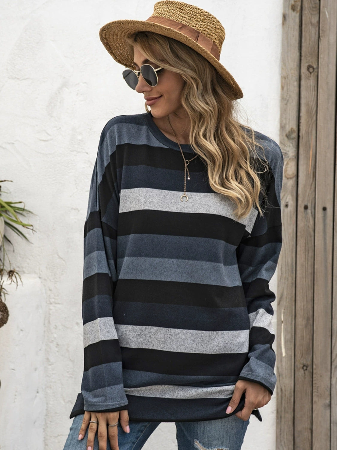 Full Size Striped Round Neck Long Sleeve T-Shirt Plus Size