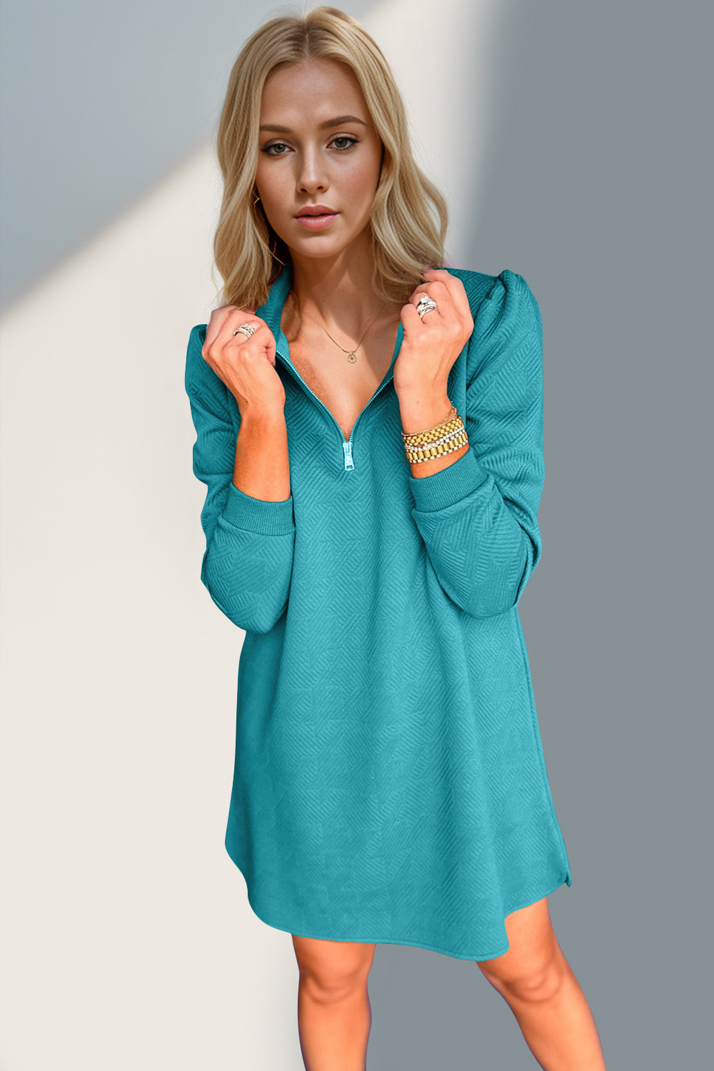 Double Take Textured Quarter Zip Long Sleeve Dress