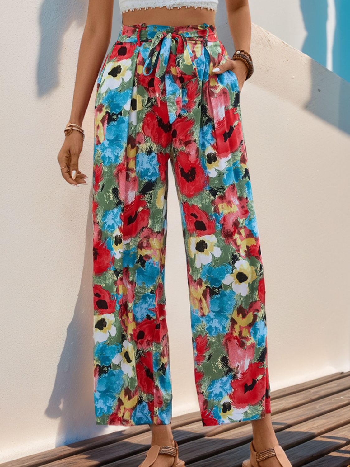 Perfee Tied Printed Wide Leg Pants