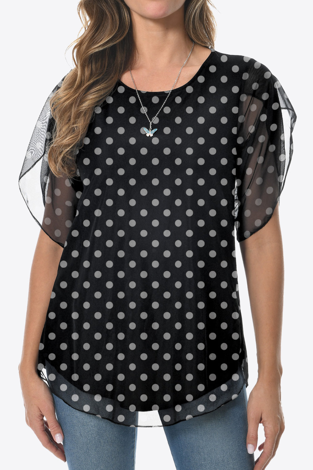 Printed Round Neck Curved Hem Blouse