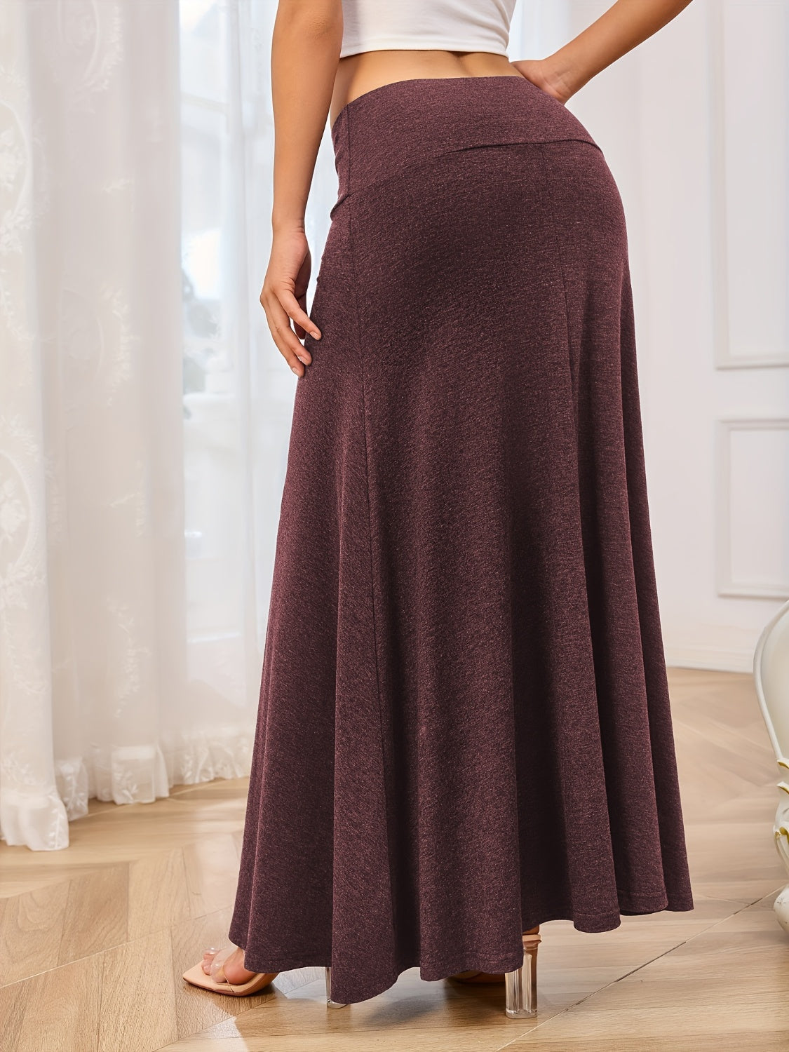 Solid Elastic Waist Maxi Skirt